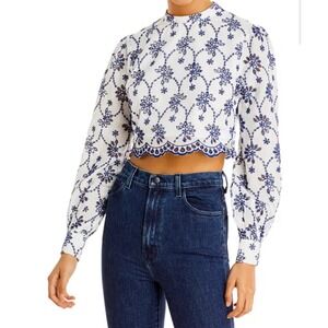 AQUA Embroidered Crop Top Long Sleeve Mock Neck Blouse White Blue M‎